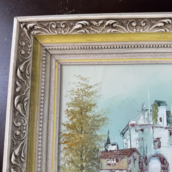 Original Signed Painting Artwork On Wooden Frame Buildings Landscape Community - Picture 5 of 9